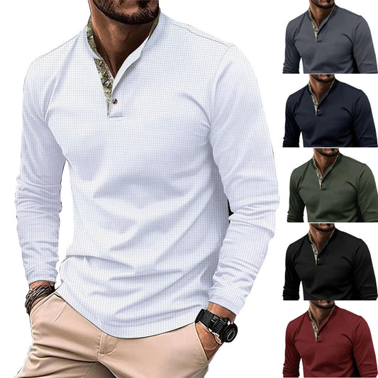 Men’s Double-Layer Lapel Polo Shirt – Waffle Texture, Long-Sleeve Fashion Top