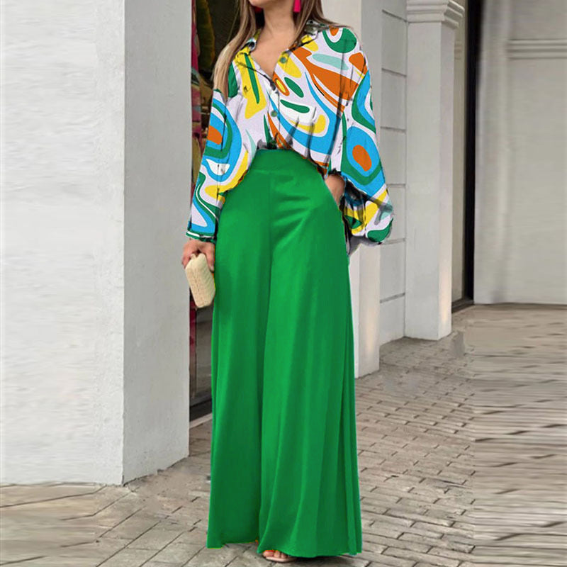 Women's Fashion Printed Shirt & Wide-Leg Pants Set – Casual Two-Piece Outfit