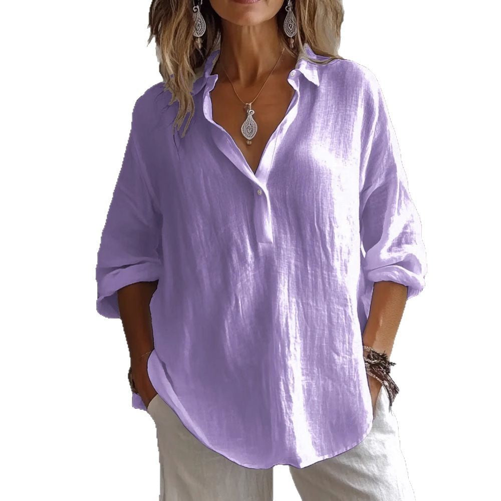 Fashion Long-Sleeved Lapel Pullover Shirt – Casual Loose Solid Color T-Shirt for Women