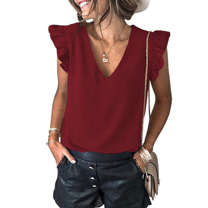 Women's V-neck Pullover Ruffled Sleeve Top