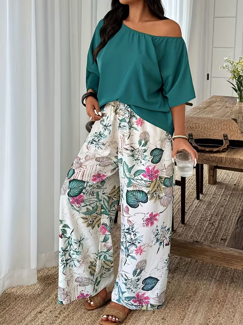 Flattering Loose-Fit Vacation Two-Piece Set with Wide-Leg Pants