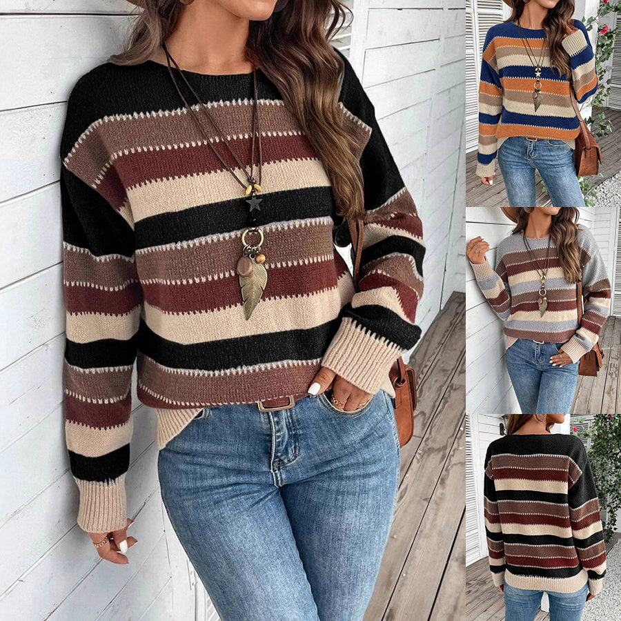 Women's Striped Pullover Sweater – Casual Long Sleeve Top
