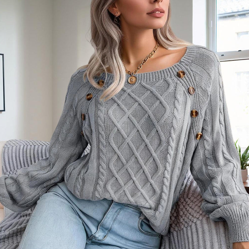 Cozy Ribbed Knit Sweater with Square Neck & Button Details – Women’s Fall/Winter Top