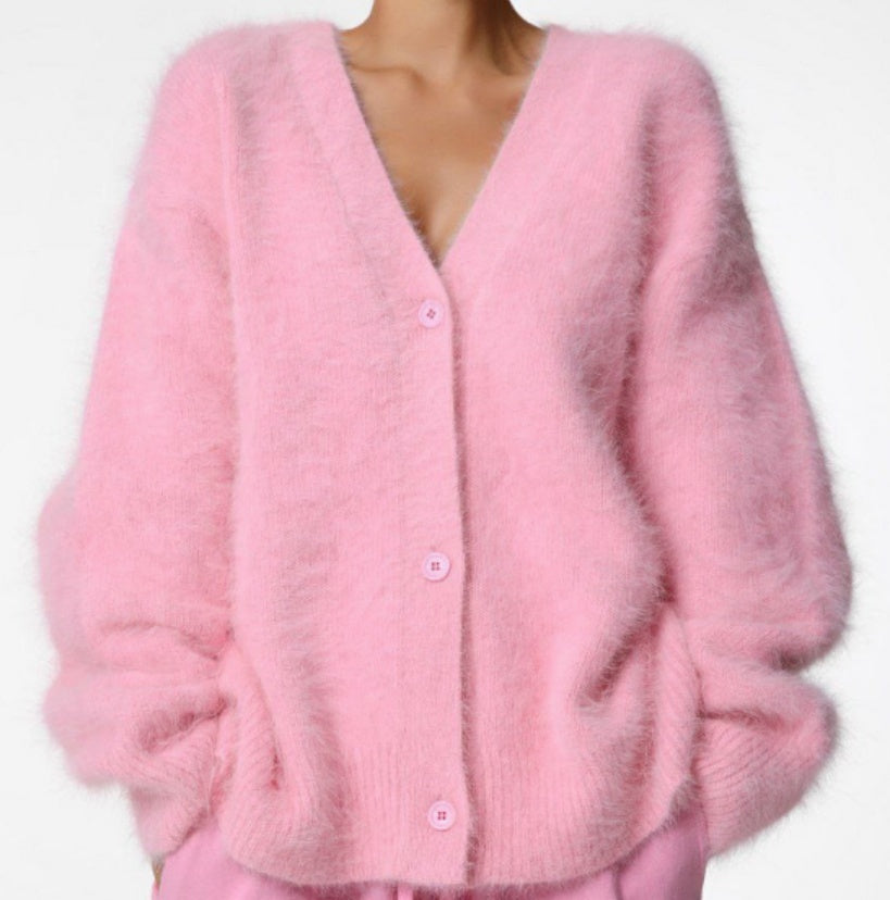 Loose V-Neck Single-Breasted Button Cardigan – Fall Winter Knitted Sweater Top for Women
