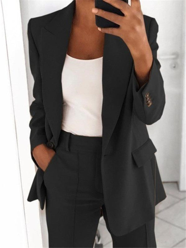 Women's Casual Suit – Long-Sleeved Lapel Blazer with Buttons and Slim-Fit Pocket Trousers