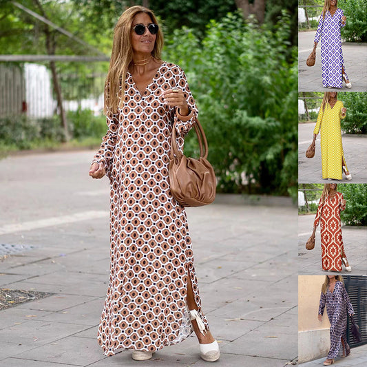 Summer Geometric V-Neck Long Sleeve Slit Dress for Women