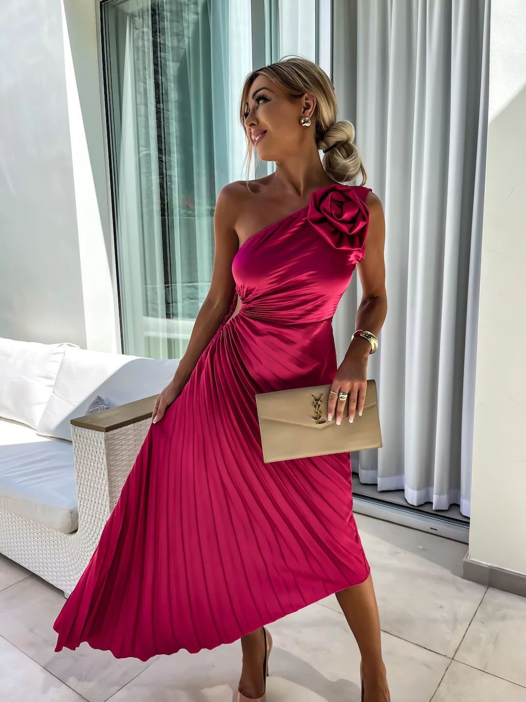 One-Shoulder Pleated Fishtail Dress with Big Rose – Sexy Evening & Party Dress for Women