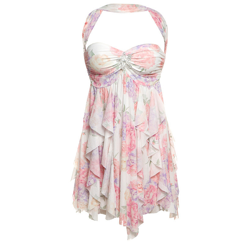 Halter Neck Backless Printed Mesh Mini Dress – Summer Club & Evening Style