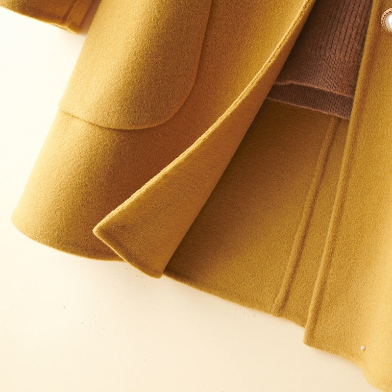 Wool Pearl Buckle Double-Faced Woolen Coat with Doll Collar – Women’s Mid-Length Outerwear