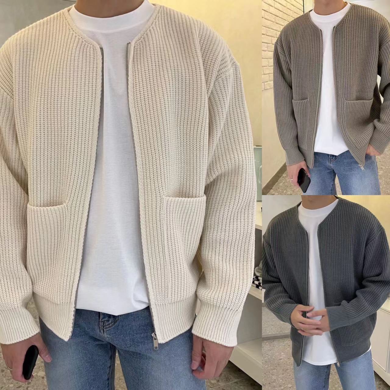 Men’s Zip-Up Knitted Cardigan with Funnel Neck & Pockets – Soft, Lined All-Season Sweater Coat