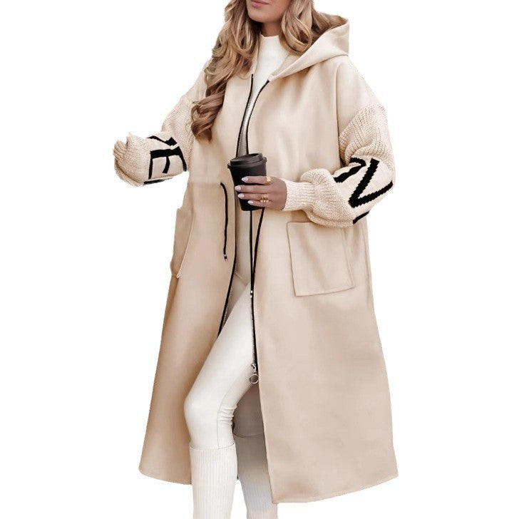 "Women's Hooded Long Windbreaker Jacket with Pockets & Knit Sleeves – Fall/Winter Trench Coat"
