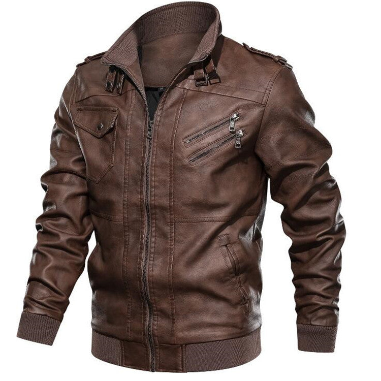 Men’s PU Leather Jacket – Hoodless, Plain Design