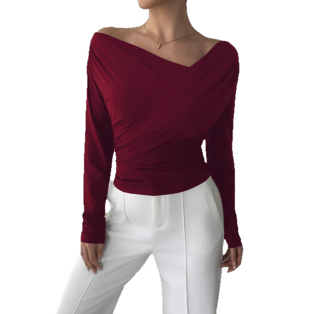 European & American Solid Color Shoulder Collar Slim Long Sleeve Commuter Top