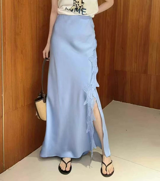 Skirt High Waist Slimming A line Skirt Women Hip Wrapped Skirt Lace Satin