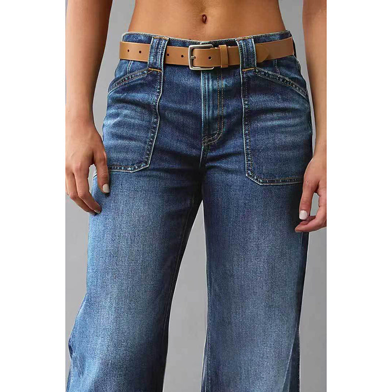 Women’s High-Waisted Wide Leg Straight Denim Jeans – No Belt, Vintage Comfort
