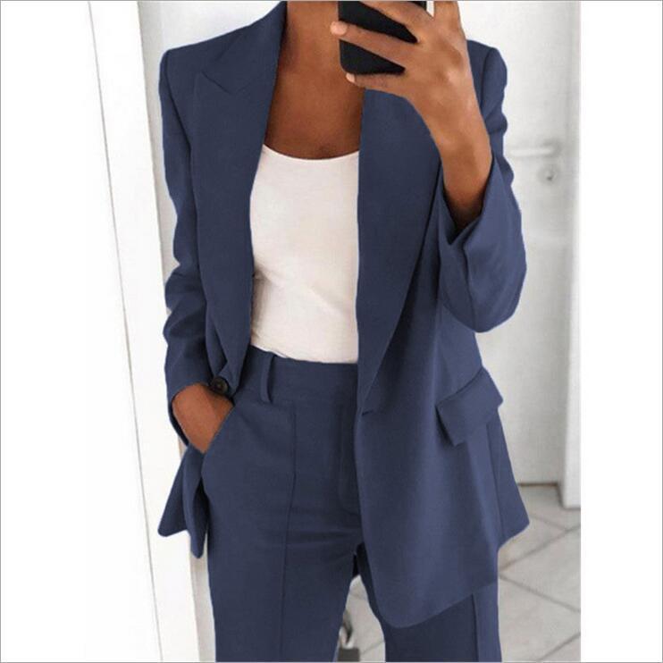Women's Casual Suit – Long-Sleeved Lapel Blazer with Buttons and Slim-Fit Pocket Trousers