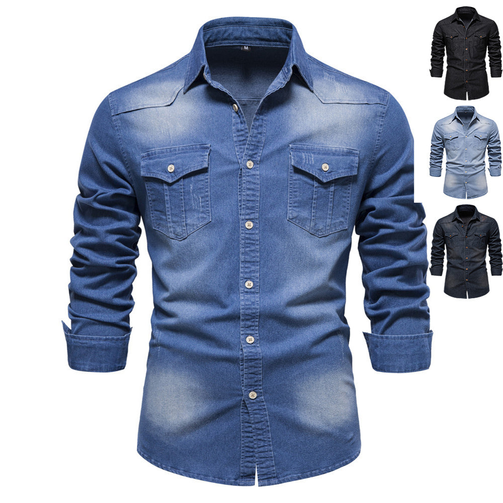 Men’s Long-Sleeved Denim Shirt – Casual Slim Fit Button-Up Top