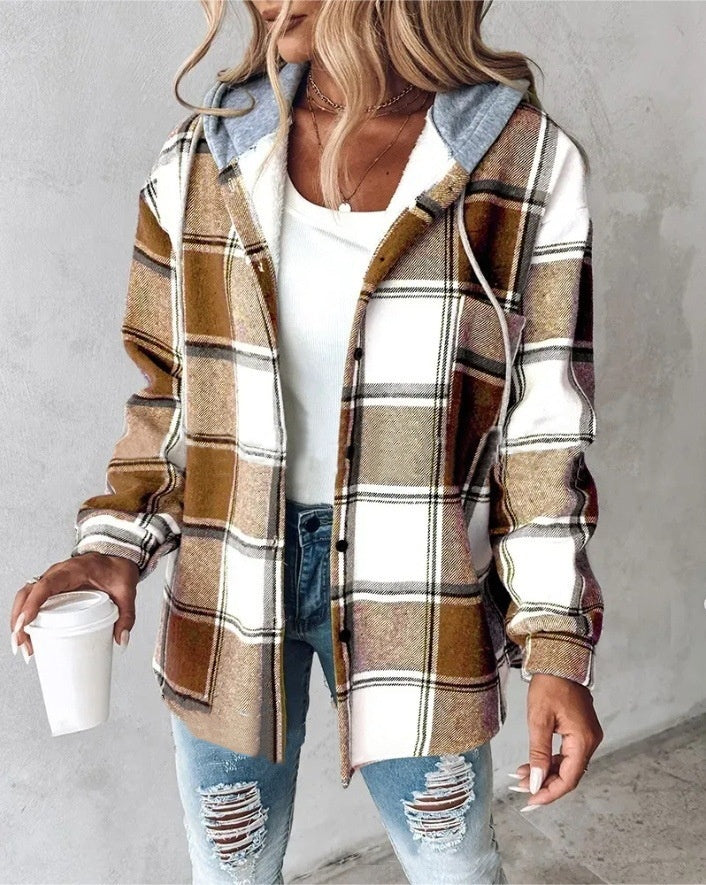 Plaid Hooded Jacket – Fashion Casual Button Pocket Coat for Autumn & Winter