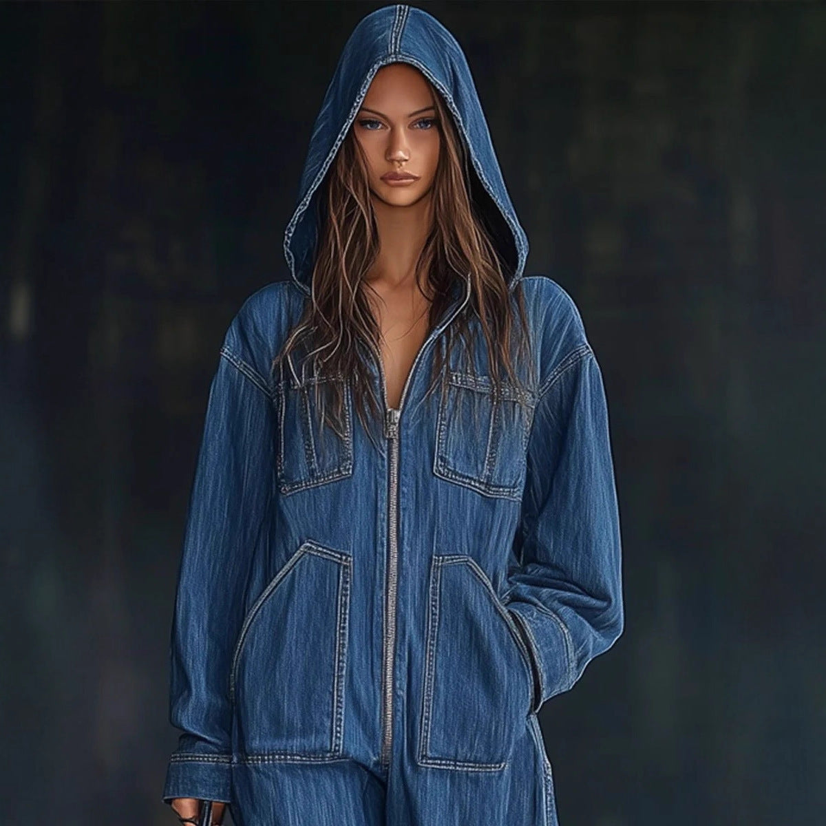 European & American Style Women’s Hooded Denim Overall