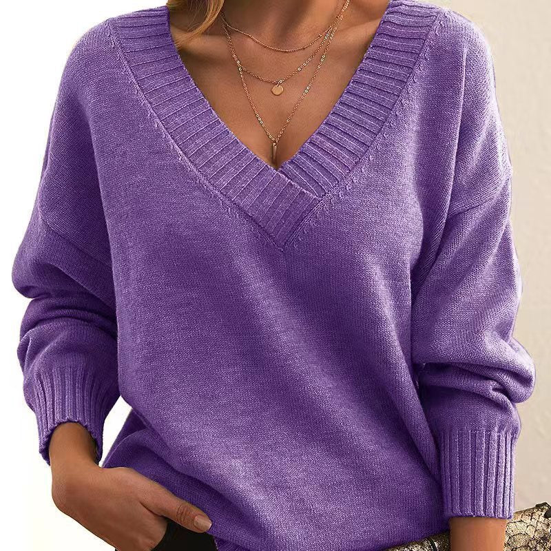 Solid V-neck Loose Knit Sweater – Fashionable Long Sleeve Autumn & Winter Top