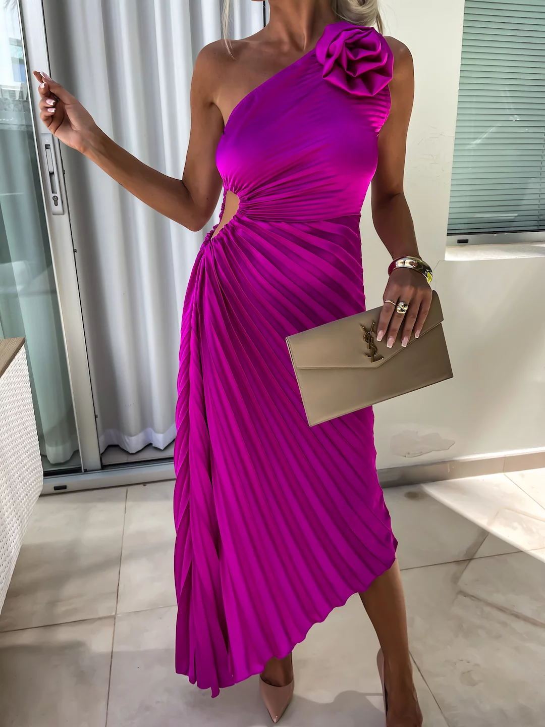 One-Shoulder Pleated Fishtail Dress with Big Rose – Sexy Evening & Party Dress for Women