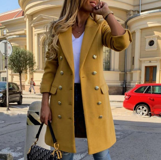 Women’s Woolen Lapel Jacket – Double-Breasted, Casual Trench, Mid-Length Fall/Winter Coat