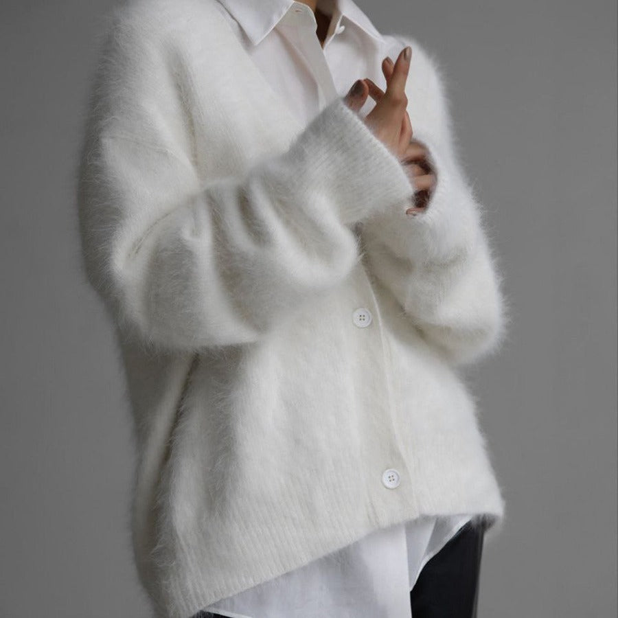 Loose V-Neck Single-Breasted Button Cardigan – Fall Winter Knitted Sweater Top for Women