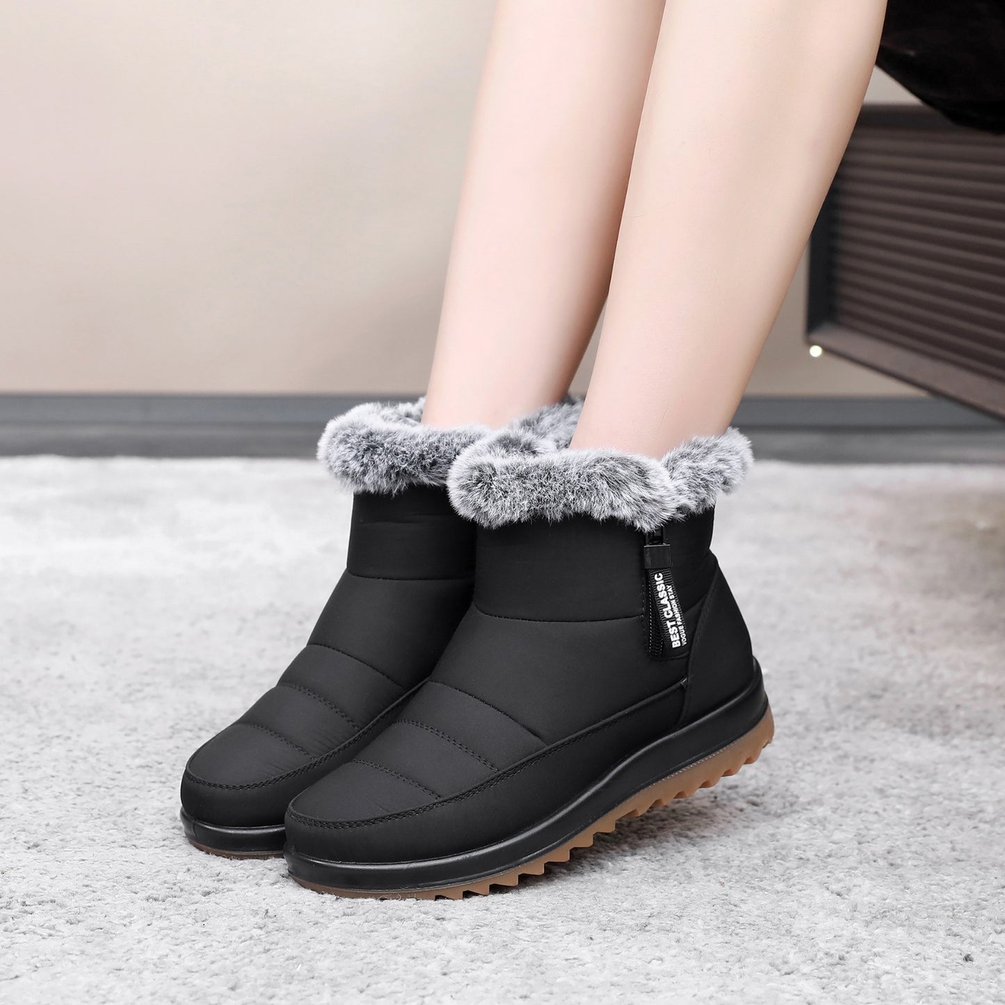 Women’s Winter Snow Boots – Side Zipper, Warm Plush Ankle Fleece Short Shoes