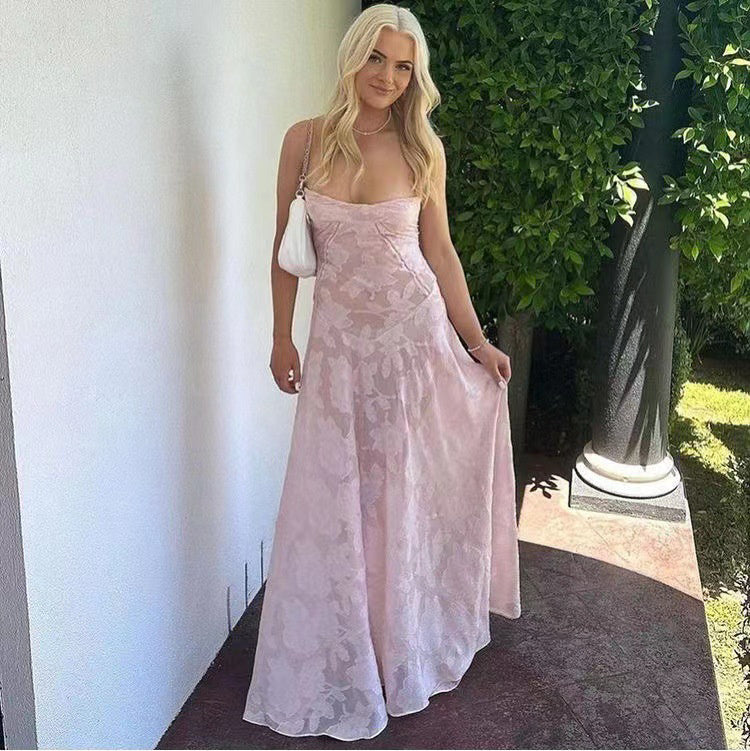 Sexy Flowers Lace Suspender Dress – Summer Slim Back Lace-Up Long Dress for Evening & Party