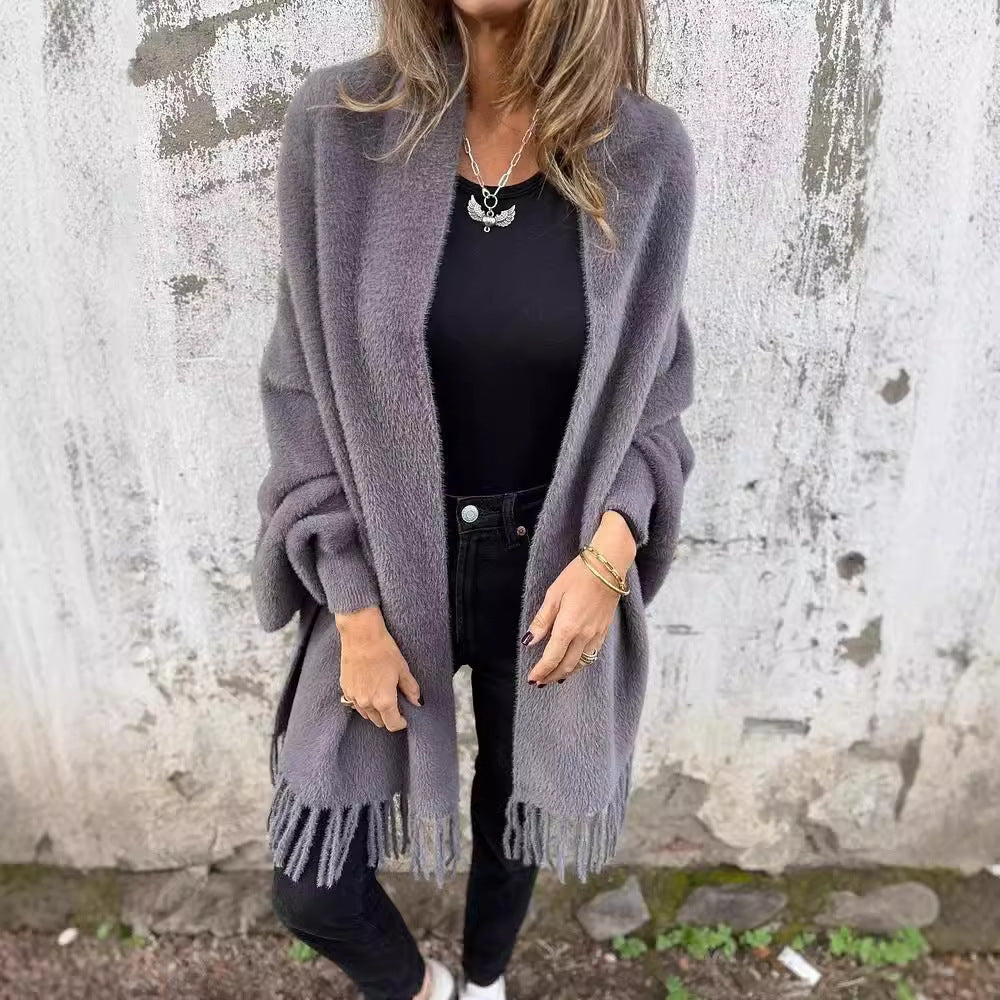 Women’s Knitted Batwing Sleeve Cardigan – Loose Tassel Shawl Outwear