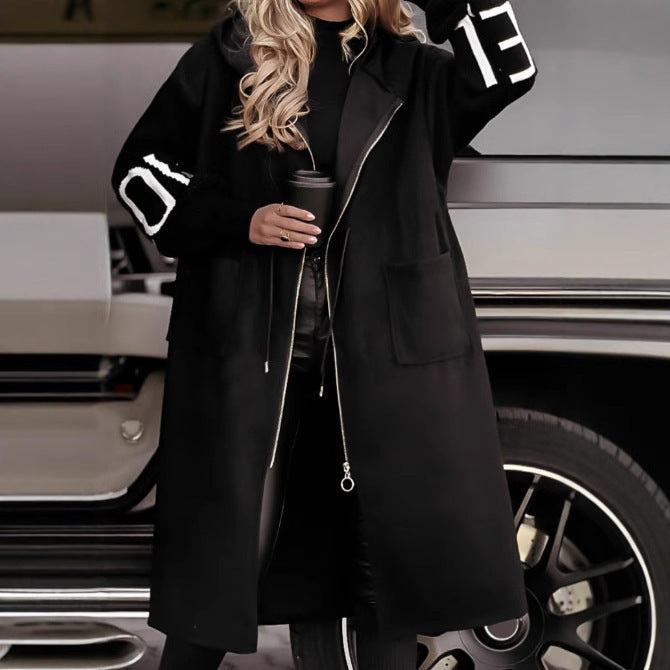 "Women's Hooded Long Windbreaker Jacket with Pockets & Knit Sleeves – Fall/Winter Trench Coat"