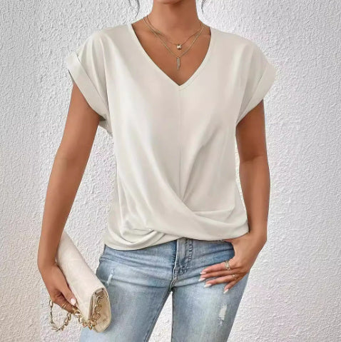 Women’s Irregular Knot V-Neck T-Shirt – Casual Short Sleeve Top