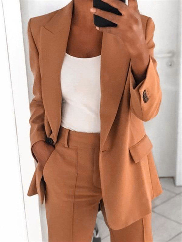 Women's Casual Suit – Long-Sleeved Lapel Blazer with Buttons and Slim-Fit Pocket Trousers