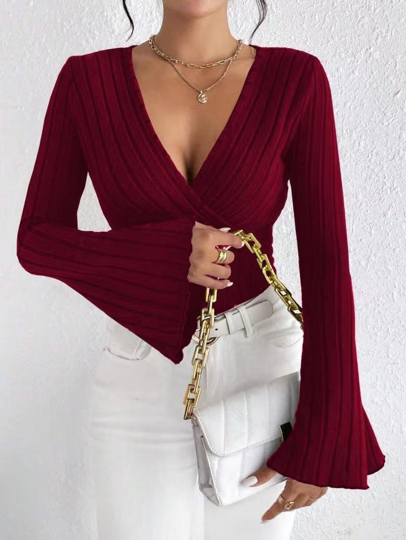 Women’s Autumn Winter Ribbed Stripe V-Neck Flared Slim-Fit Long Sleeve Top – Elegant Stylish Tee