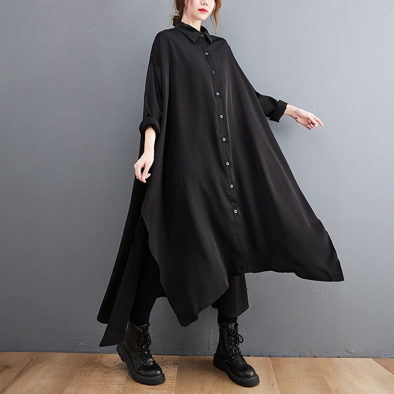 Oversized Long Shirt Dress with Side Slits – Retro Style