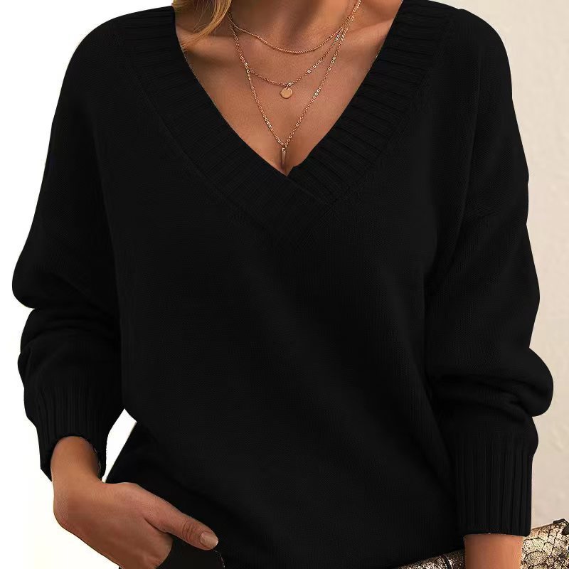 Solid V-neck Loose Knit Sweater – Fashionable Long Sleeve Autumn & Winter Top