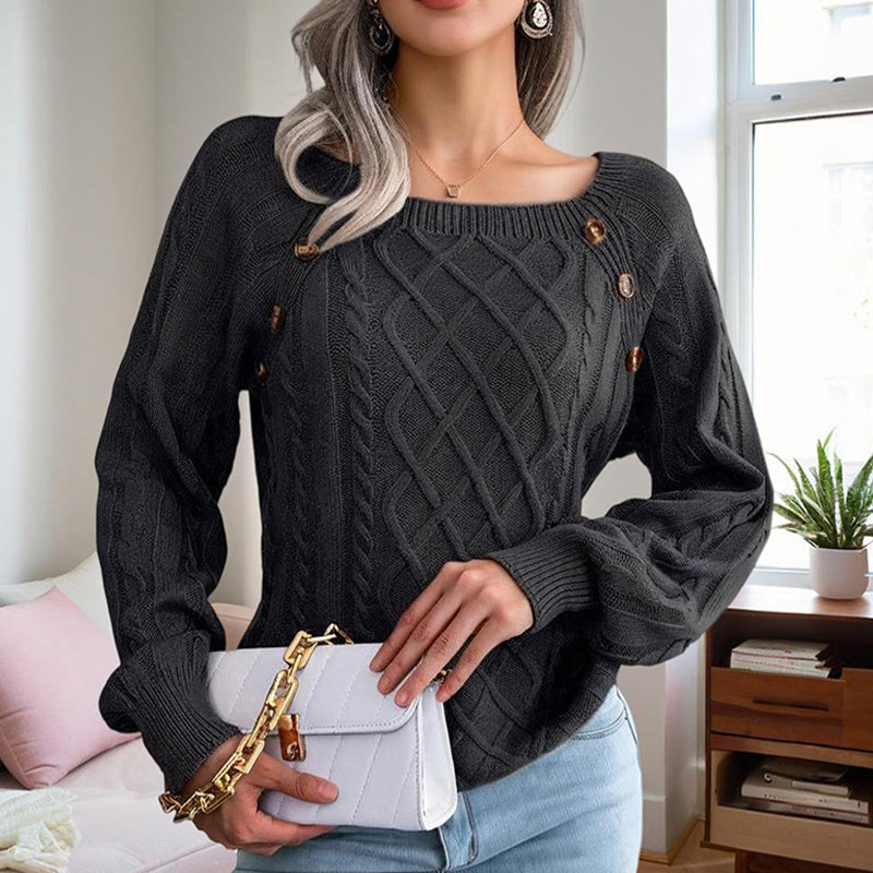 Cozy Ribbed Knit Sweater with Square Neck & Button Details – Women’s Fall/Winter Top