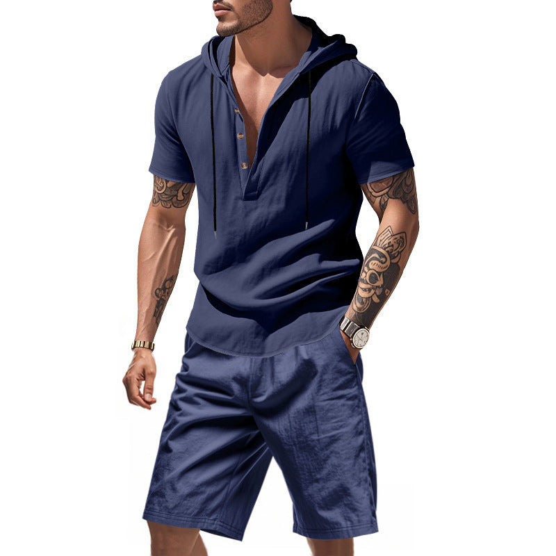 Men’s Summer Linen Two-Piece Set – Hooded Short Sleeve Top & Shorts