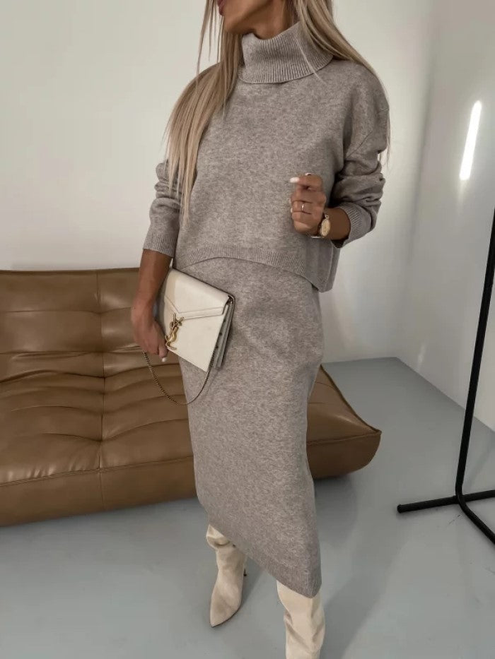 2-Piece Women’s Winter Sweater Set – Turtleneck Pullover & Sleeveless Long Dress