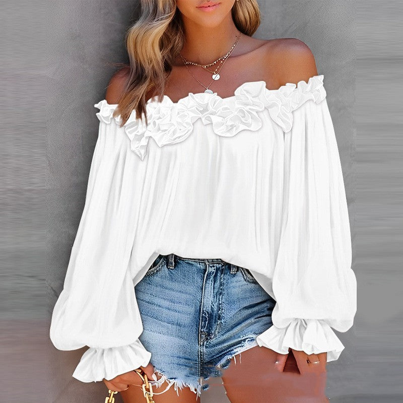 Women’s Casual Off-Shoulder Long Sleeve Blouse – Lotus Leaf Sleeve, Loose Fit Top