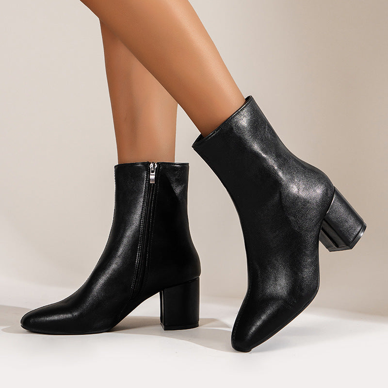 Women’s Chunky Heel Mid-Calf Boots – Pointed Toe, Side Zipper, Fashionable & Comfortable Shoes
