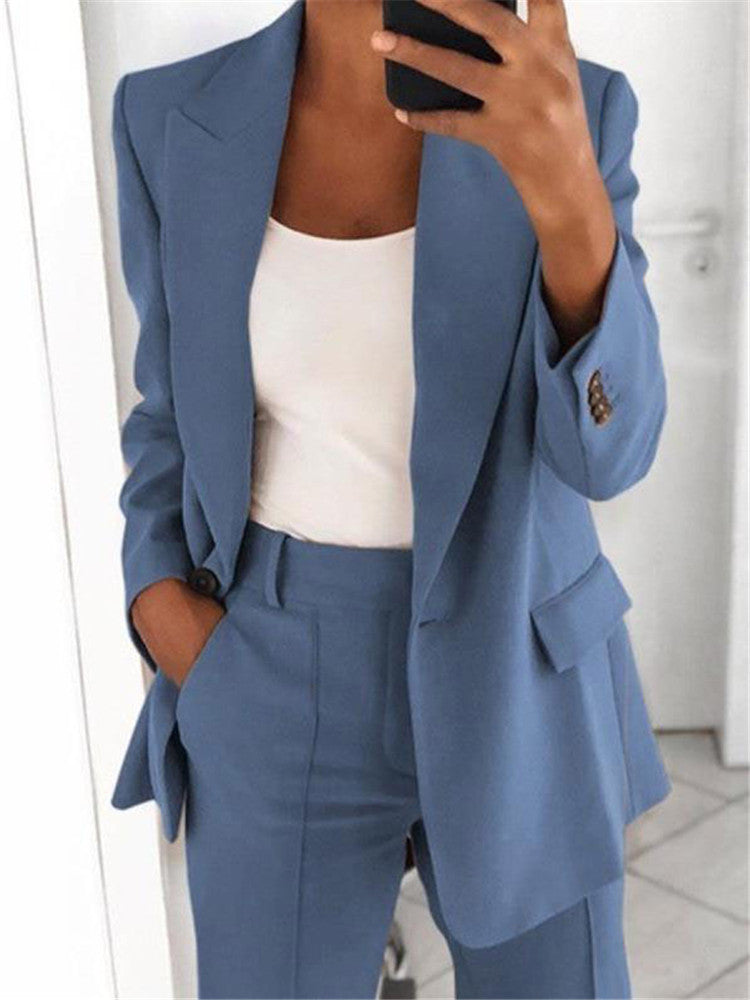 Women's Casual Suit – Long-Sleeved Lapel Blazer with Buttons and Slim-Fit Pocket Trousers