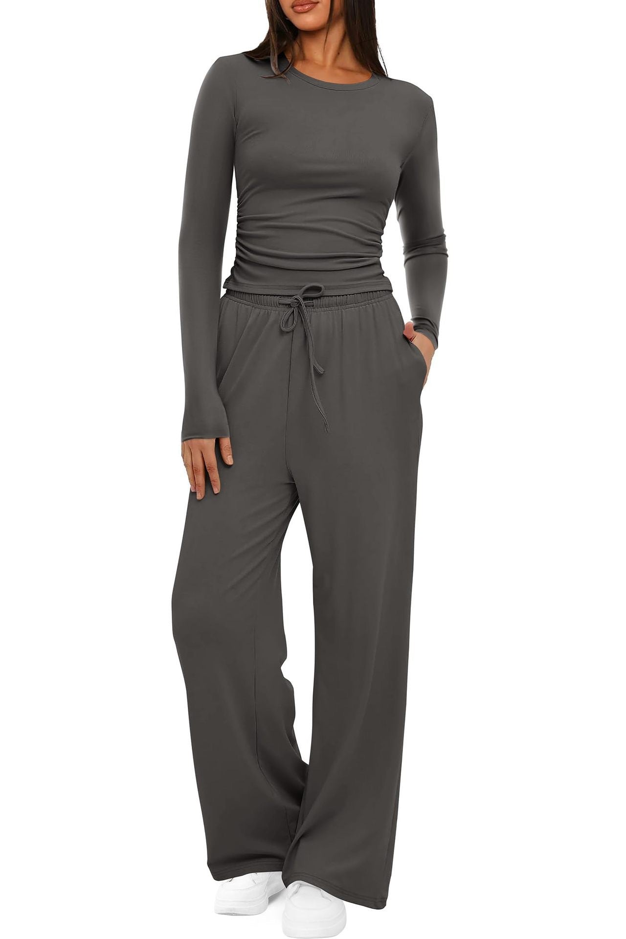 2-Piece Women's Autumn/Winter Suit – Long Sleeve Top & High-Waisted Wide-Leg Pants, Solid Color Casual Sportswear