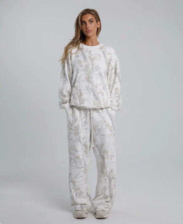 Women’s Autumn Winter Camouflage Maple Leaf Two-Piece Hoodie & Sweatpants Set
