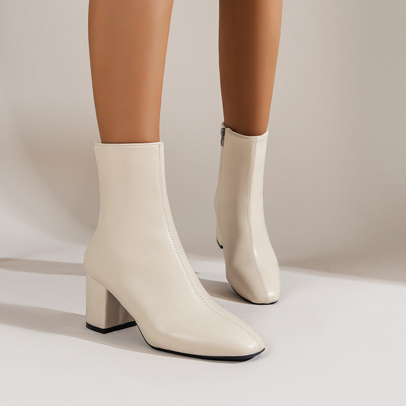 Women’s Chunky Heel Mid-Calf Boots – Pointed Toe, Side Zipper, Fashionable & Comfortable Shoes