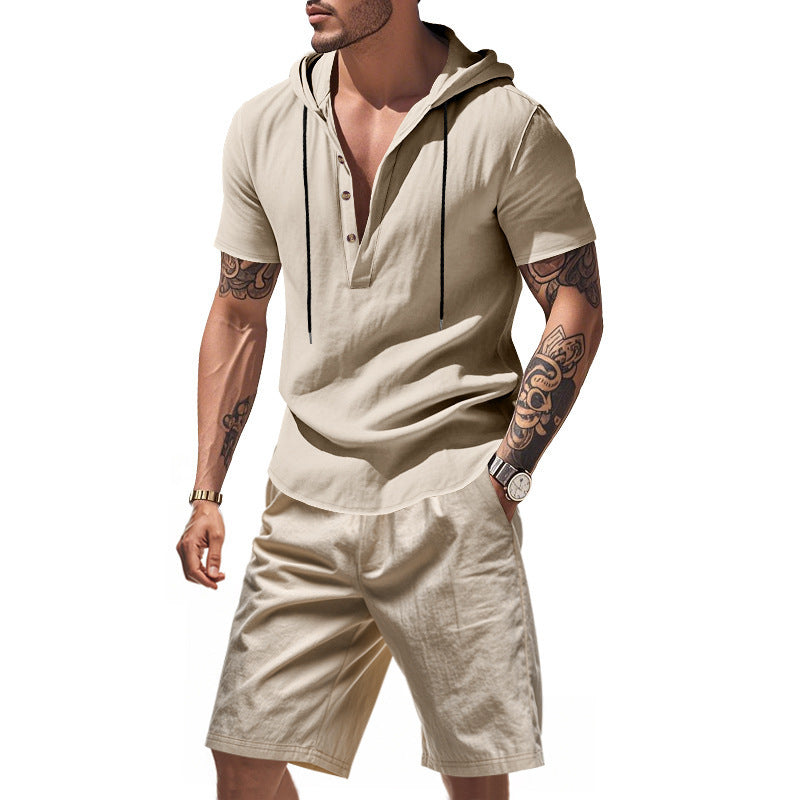 Men’s Summer Linen Two-Piece Set – Hooded Short Sleeve Top & Shorts
