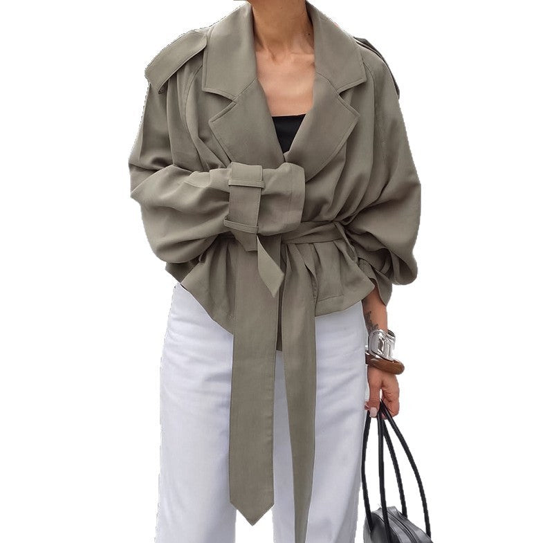 Women’s Lapel Lace-Up Trench Coat – Fashionable Long Jacket