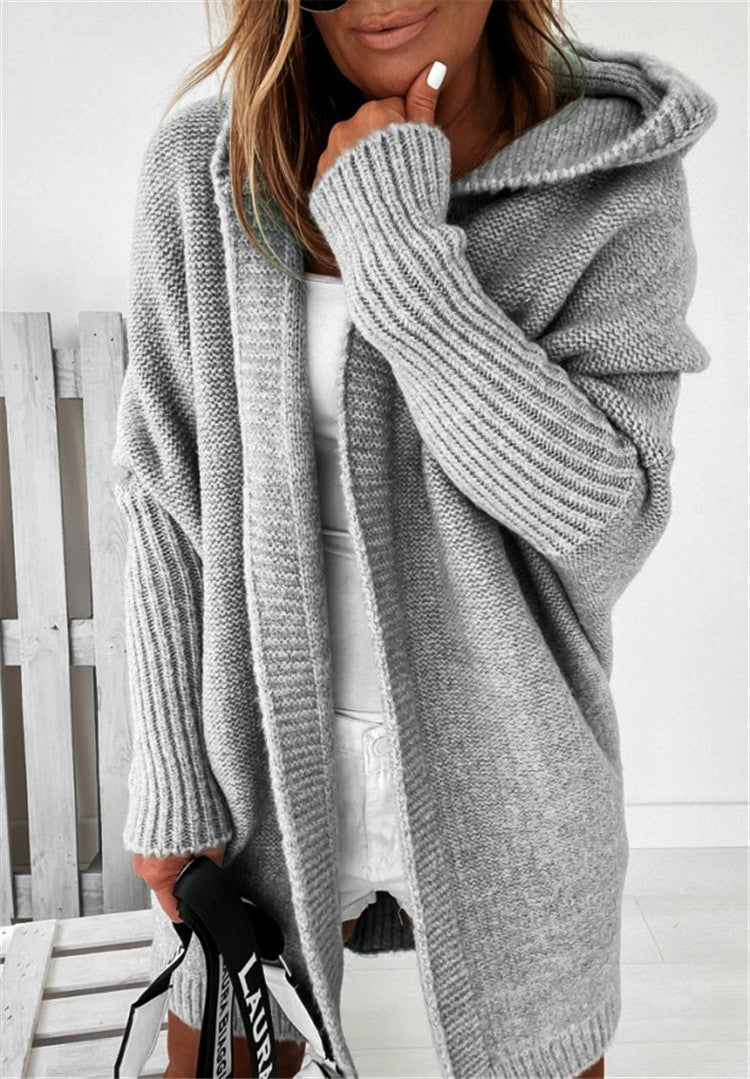 Fashion Bat Sleeve Hooded Cardigan Oversized Loose Solid Color Sweater for Women
