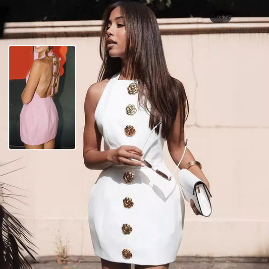 Sweet Sleeveless Backless Summer Dress – Rose Button Detail | Women’s Street Fashion