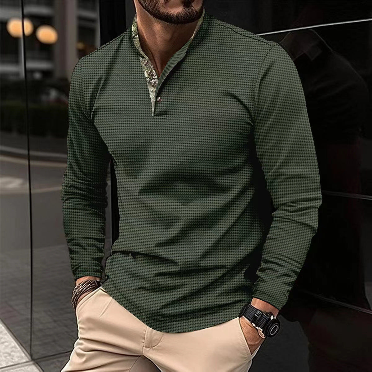 Men’s Double-Layer Lapel Polo Shirt – Waffle Texture, Long-Sleeve Fashion Top